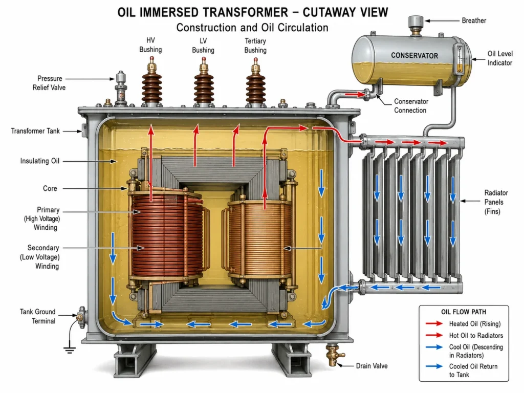 Cutaway diagram showing the internal structure of an oil immersed transformer with oil flow paths from the core and windings to the radiators