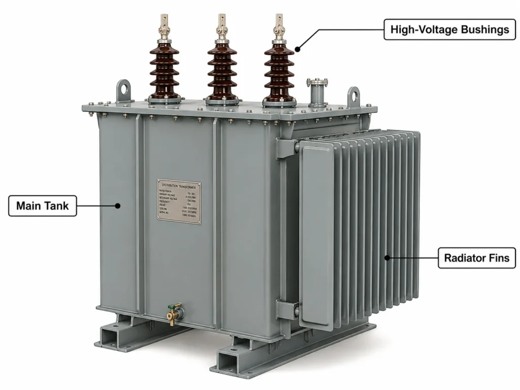 Exterior view of an oil immersed transformer showing the main tank, radiator fins, and high voltage bushings