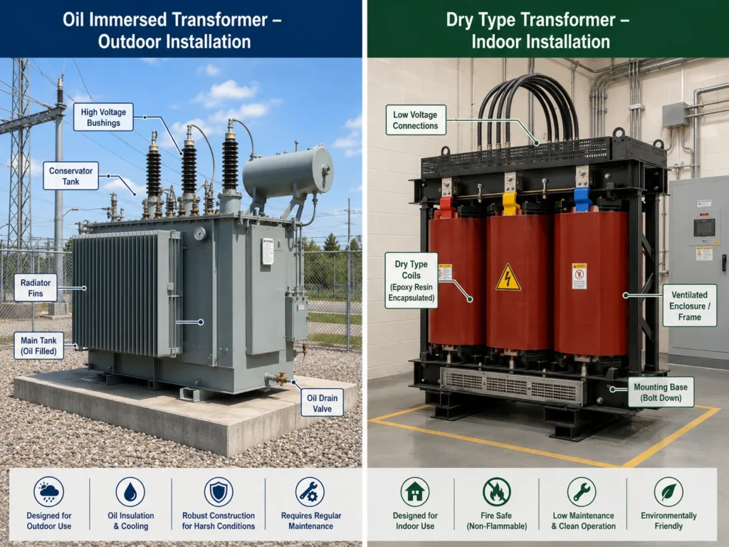 Side by side comparison showing an oil immersed transformer outdoor installation next to a dry type transformer indoor installation