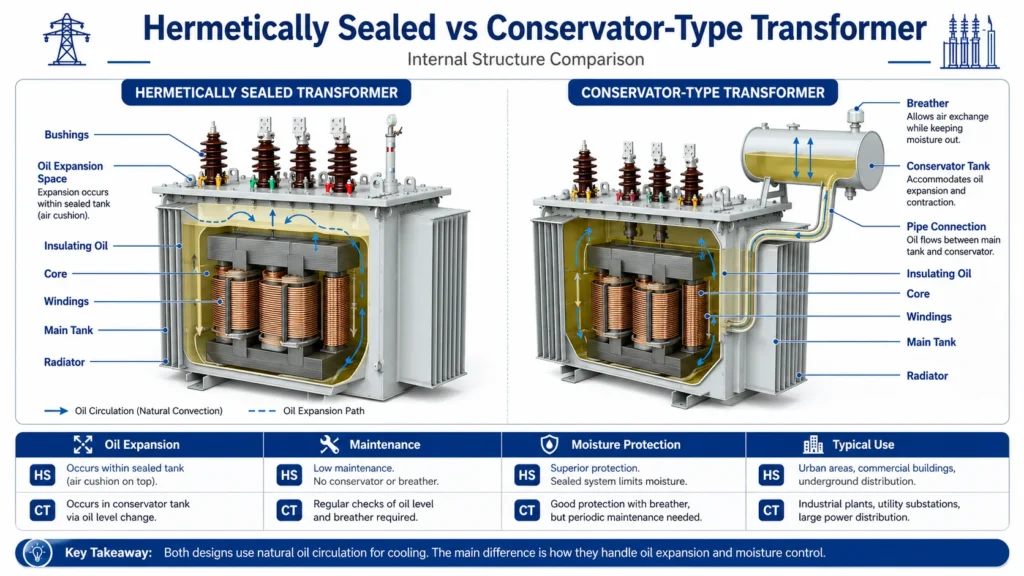 Cutaway diagram comparing the internal structure of a hermetically sealed transformer and a conservator type transformer；