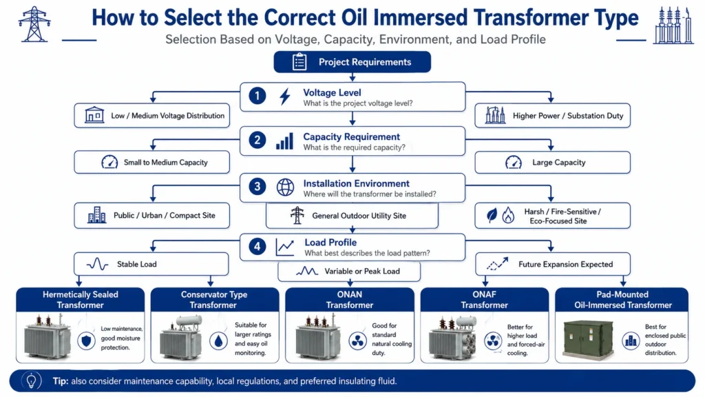 Decision flowchart showing how to select the correct oil immersed transformer type based on voltage, capacity, environment, and load profile