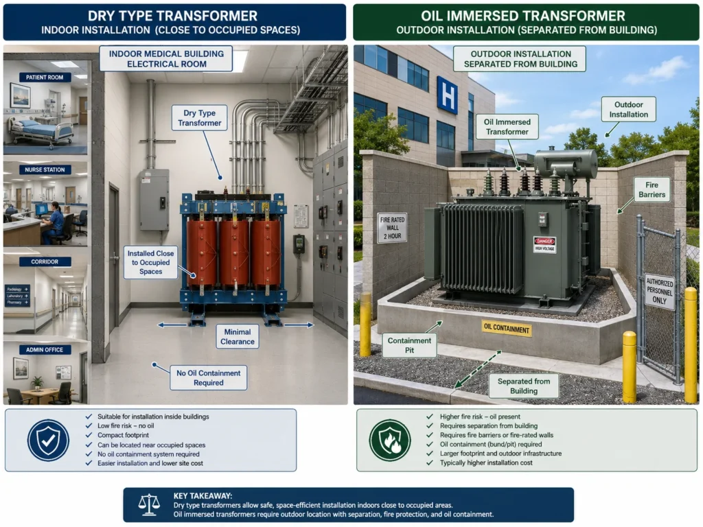 Medical building electrical room layout showing a dry type transformer installed close to occupied spaces with minimal clearance and no oil containment versus an outdoor pad-mounted oil immersed transformer with fire barriers and containment pit