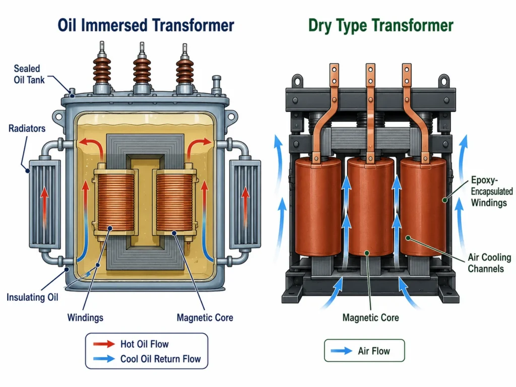 Simplified diagram comparing the internal structure of an oil immersed transformer with a sealed oil tank and radiators versus a dry type transformer with exposed epoxy-encapsulated windings and air cooling channels