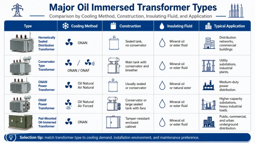 Table comparing major oil immersed transformer types by cooling method, construction, insulating fluid, and application