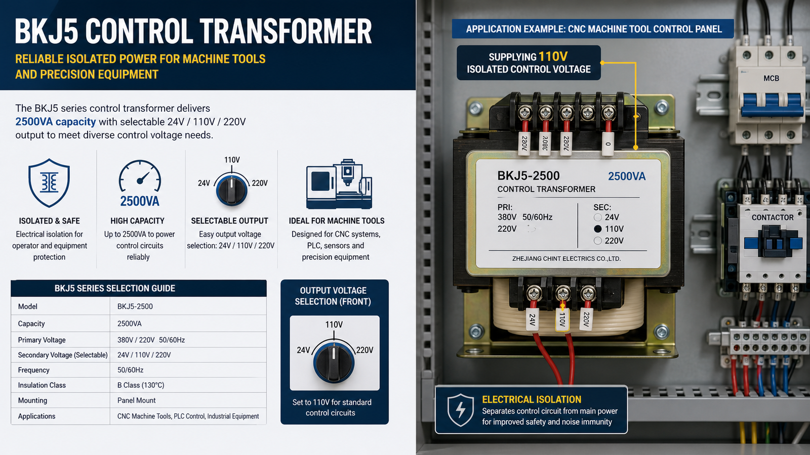 BKJ5 control transformer mounted in a CNC machine tool control panel supplying 110V isolated control voltage