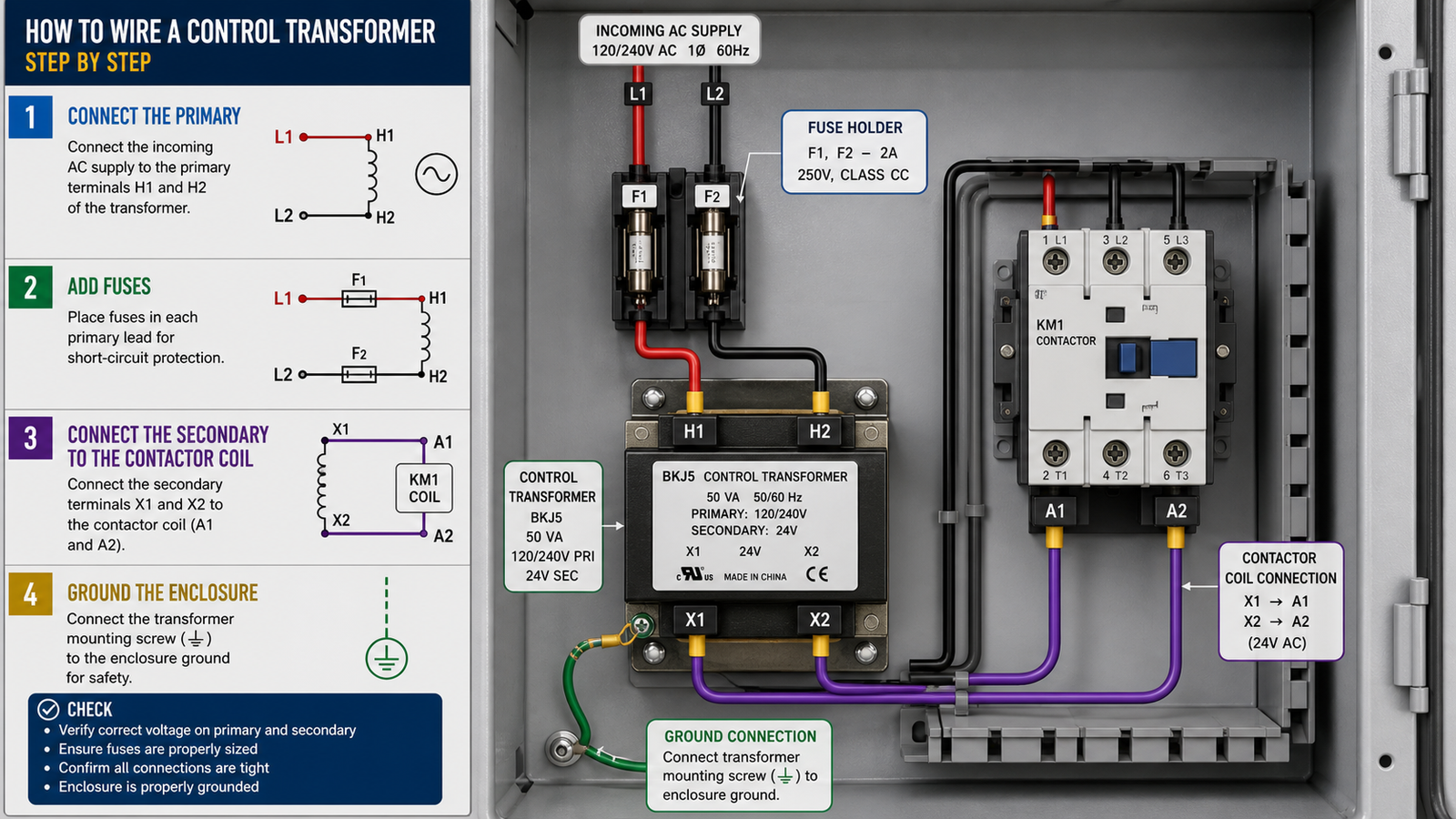 BKJ5 machine tool control transformer wired inside an industrial control cabinet with a contactor, fuse holder, and labeled wiring