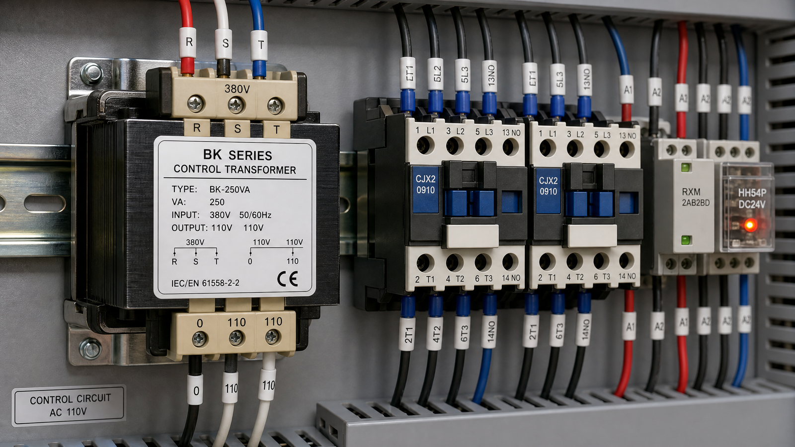 Close-up of a BK series control transformer wired to contactors and relays on a DIN rail in an industrial panel