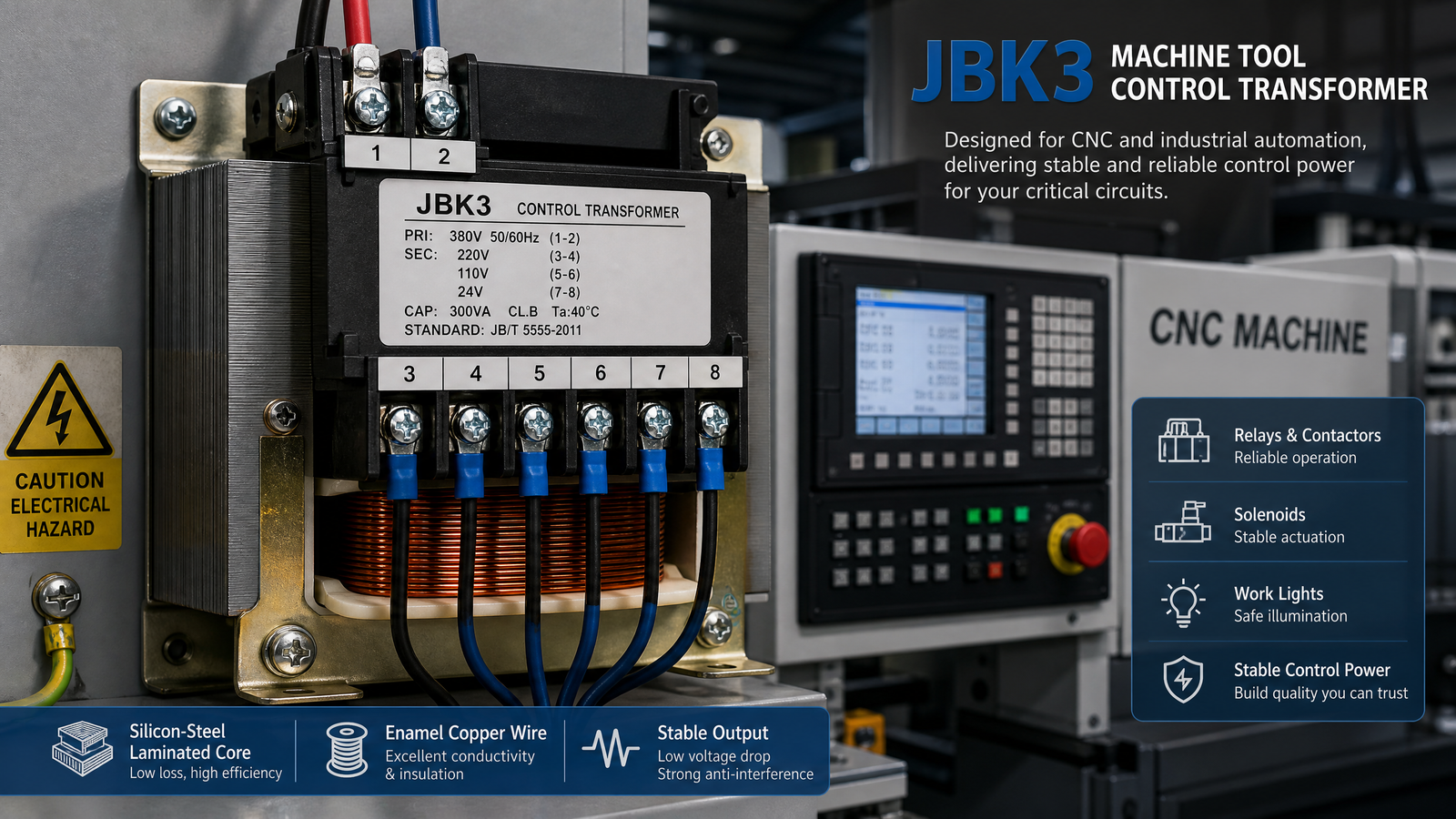 Close-up of a JBK3 control transformer with copper windings and screw terminals powering CNC machine tool control circuits