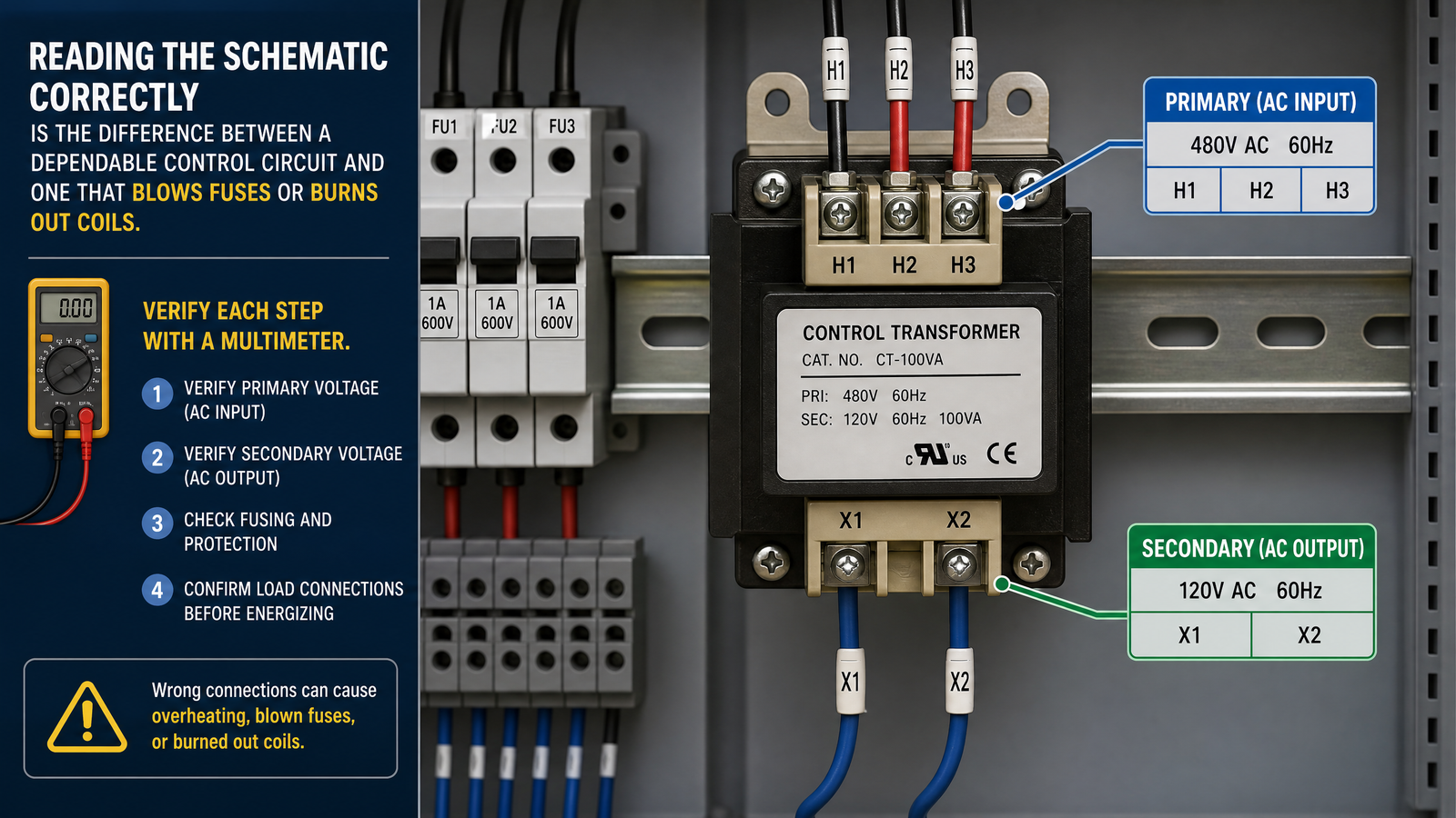 Control transformer mounted on a DIN rail inside an industrial control cabinet with labeled primary and secondary terminals