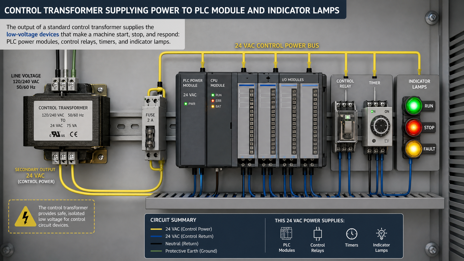 Control transformer supplying power to a PLC module and indicator lamps inside an industrial automation enclosure
