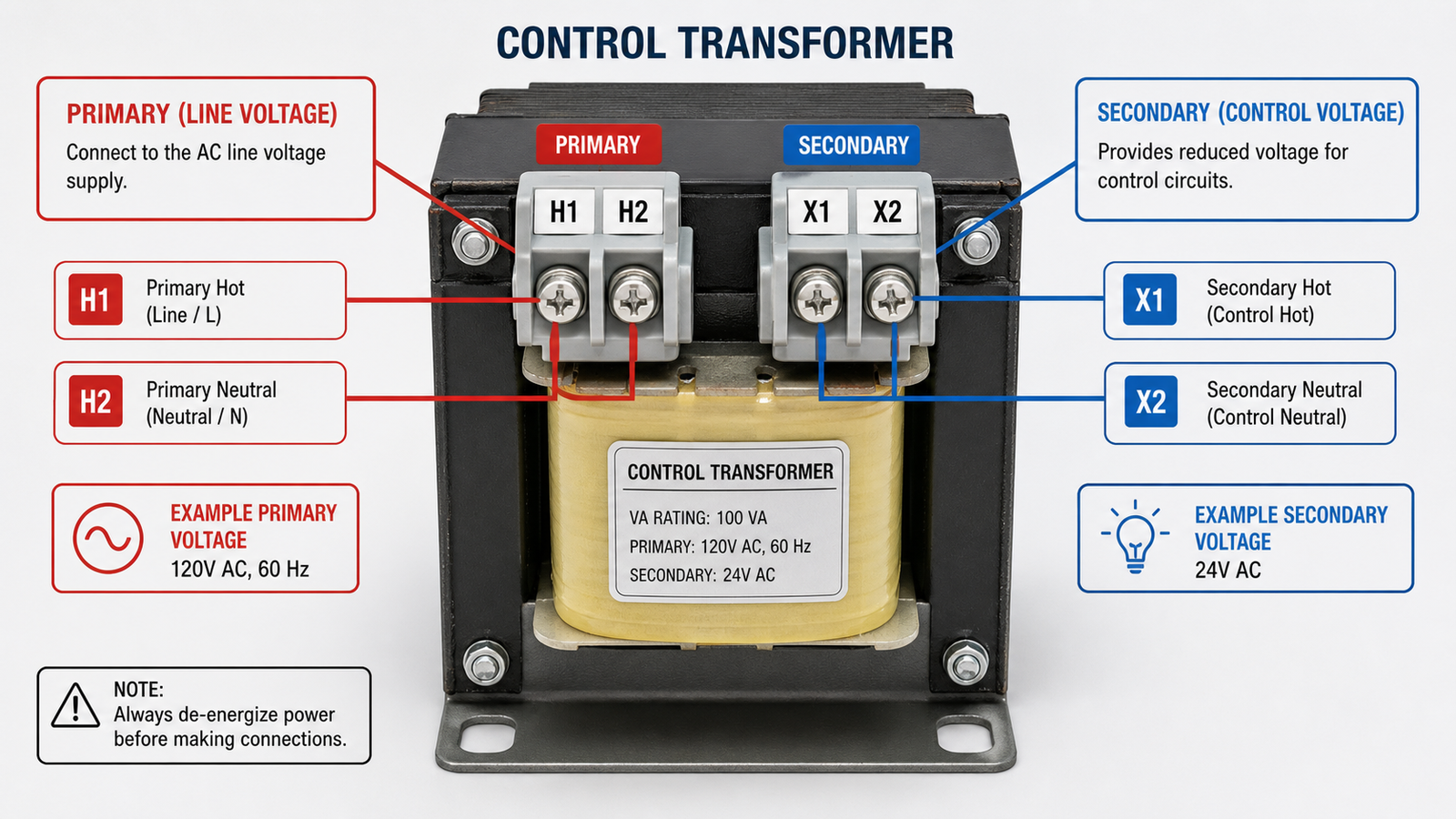 Control transformer with labeled primary and secondary terminal blocks showing H1, H2, X1, X2 screw terminal connections on the front of an industrial transformer