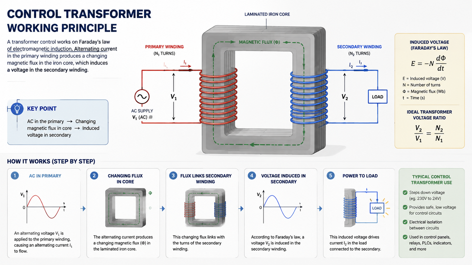 Diagram showing the working principle of a control transformer with primary and secondary windings on a laminated core