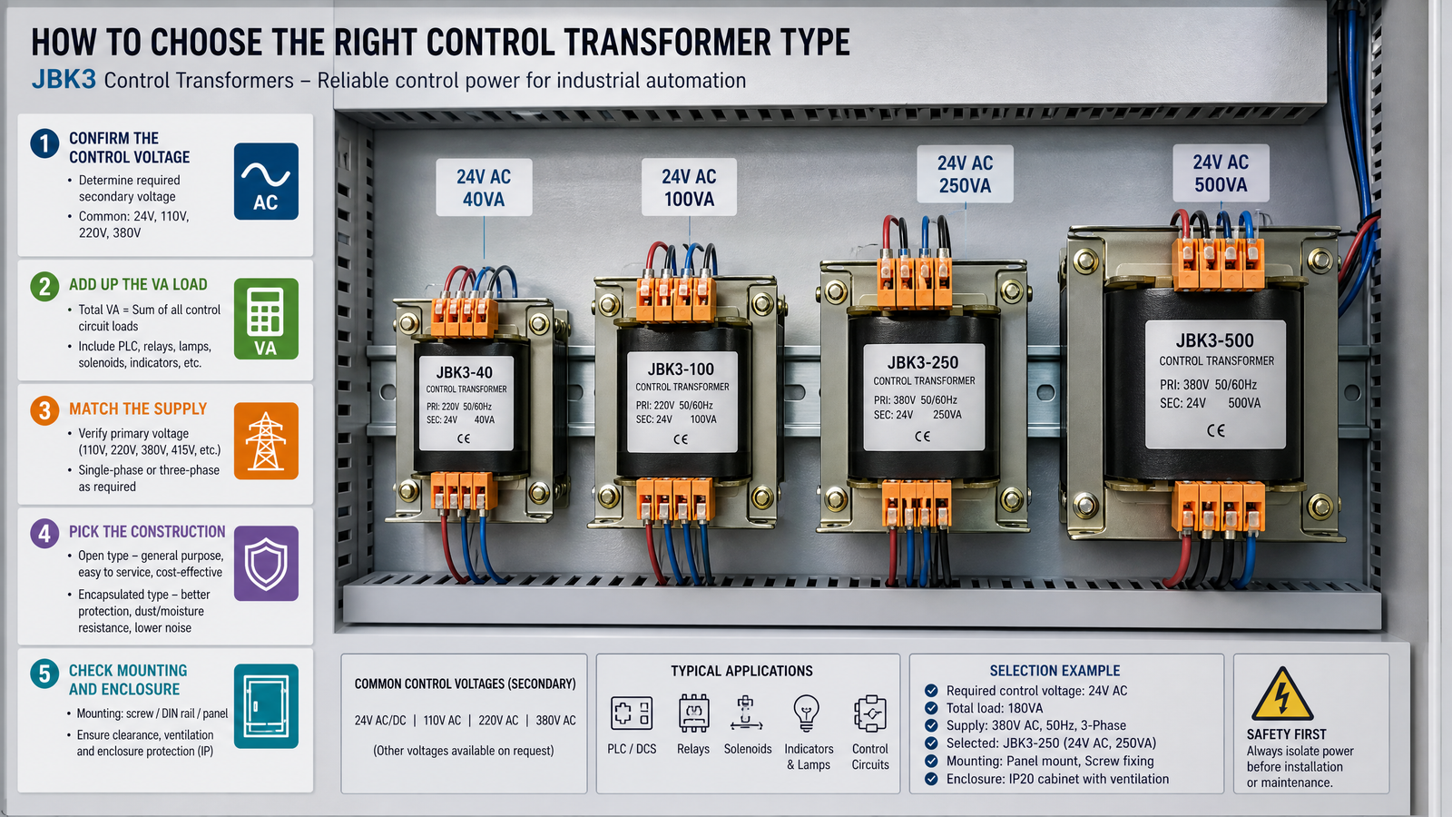 Several JBK3 control transformers of different capacities arranged on a panel in an industrial automation control cabinet