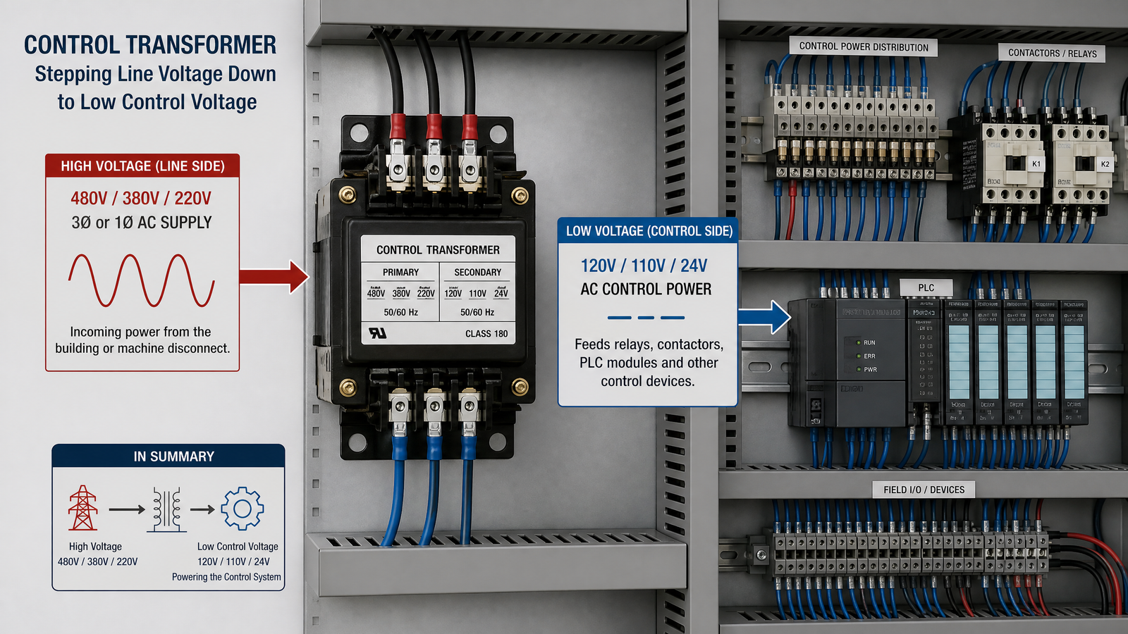 a Standard control transformer stepping line voltage down to low control voltage inside a machine-tool control cabinet