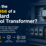 Standard control transformer stepping line voltage down to low control voltage inside an industrial control cabinet
