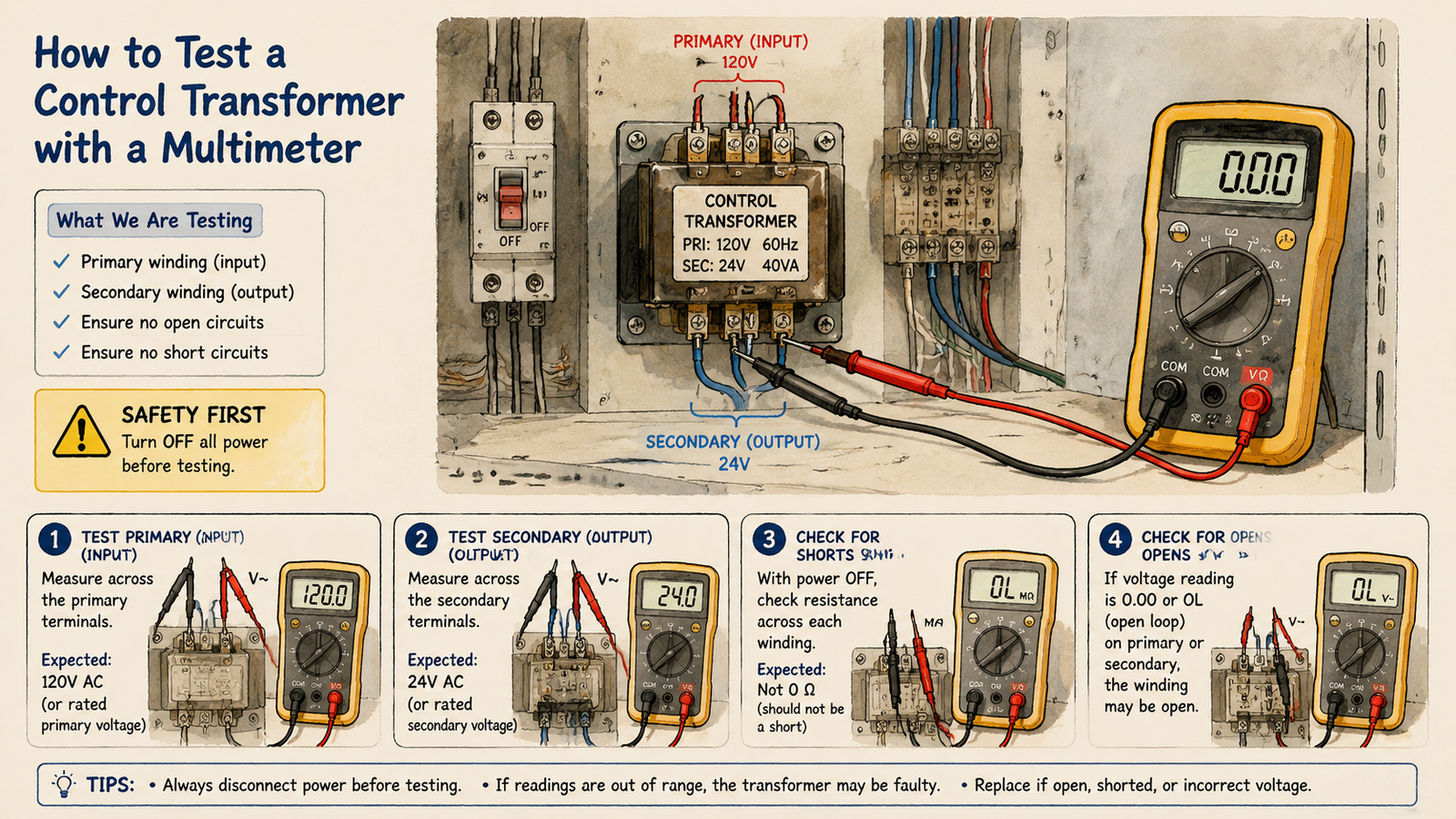 Multimeter test sequence for troubleshooting a control transformer with no output