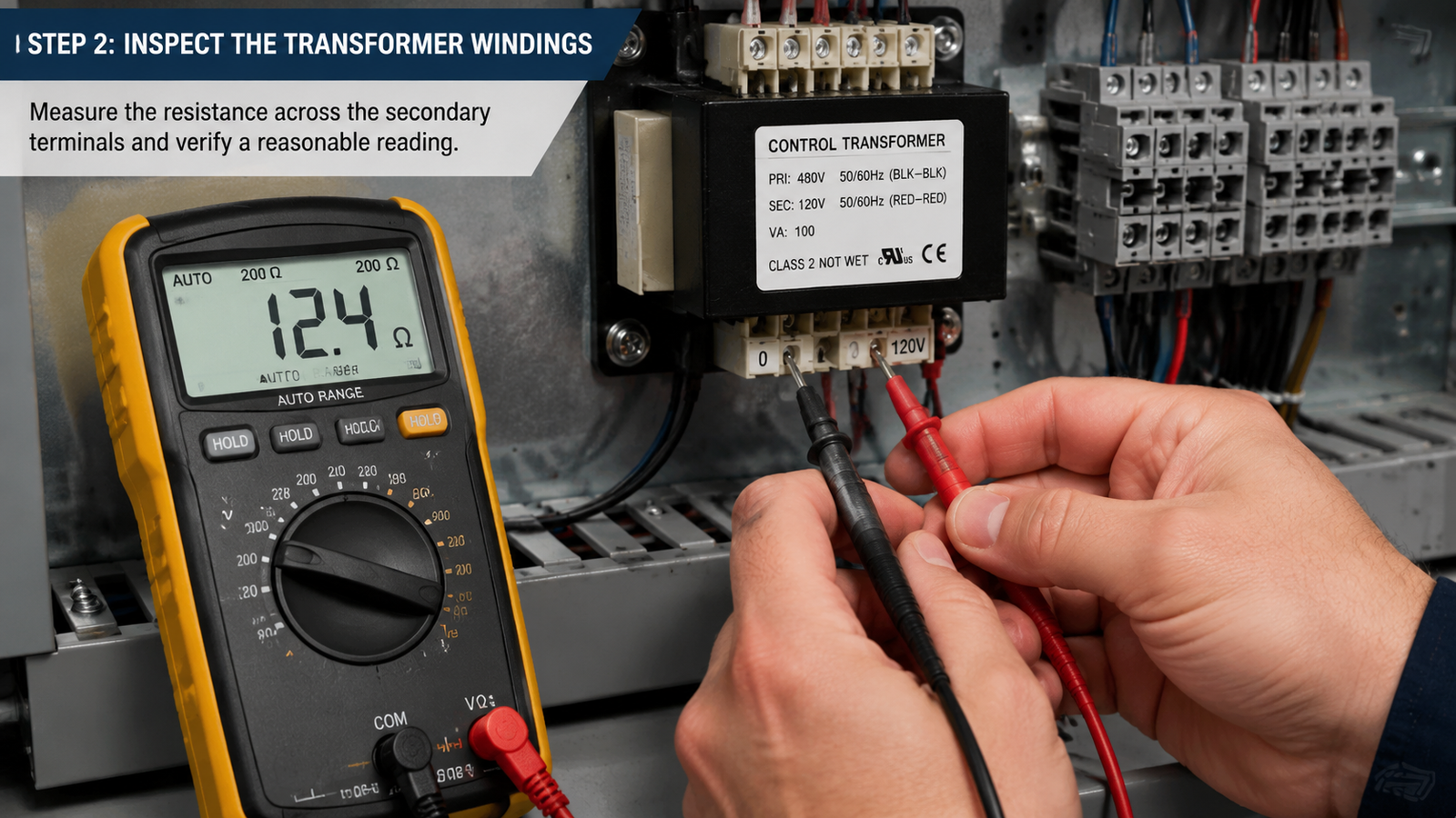 Measuring control transformer primary and secondary winding resistance with a multimeter