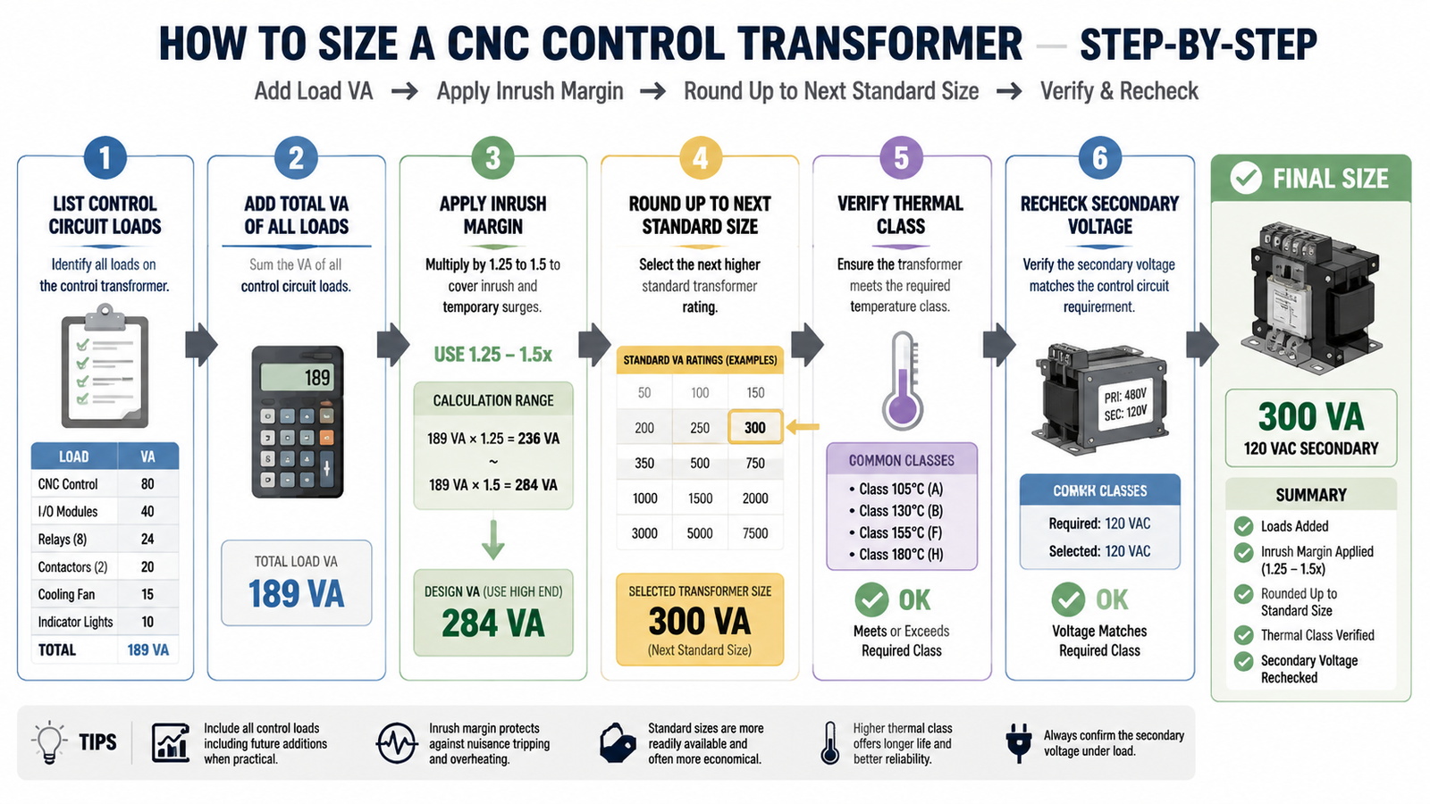 Step-by-step sizing workflow showing how to add control circuit load VA, apply inrush margin and round up to the next standard transformer rating