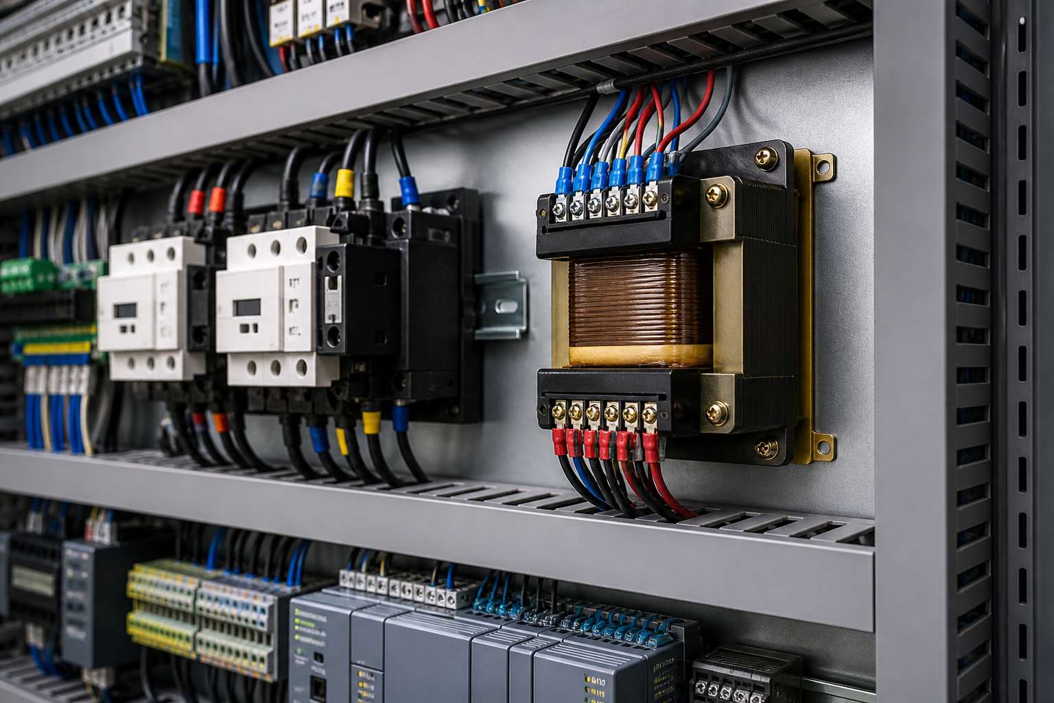 Control power transformer installed in an industrial motor control cabinet with contactors, relays, terminals, and PLC modules