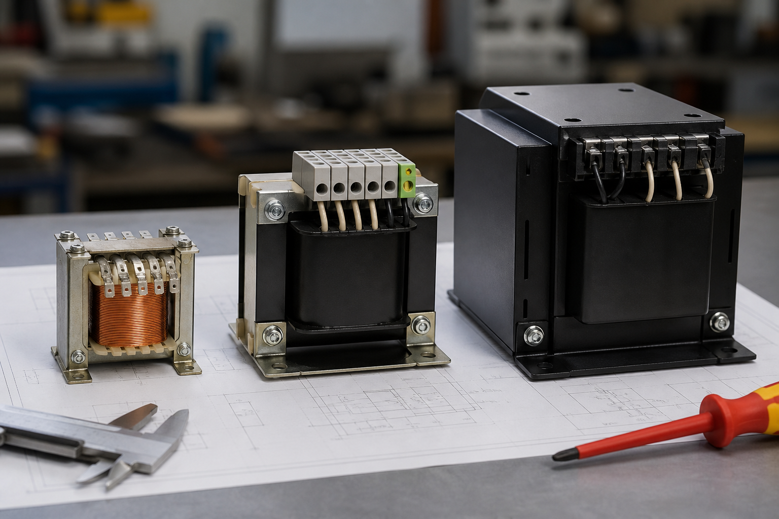 Three industrial control power transformer sizes compared on an engineering workbench for VA capacity and enclosure selection