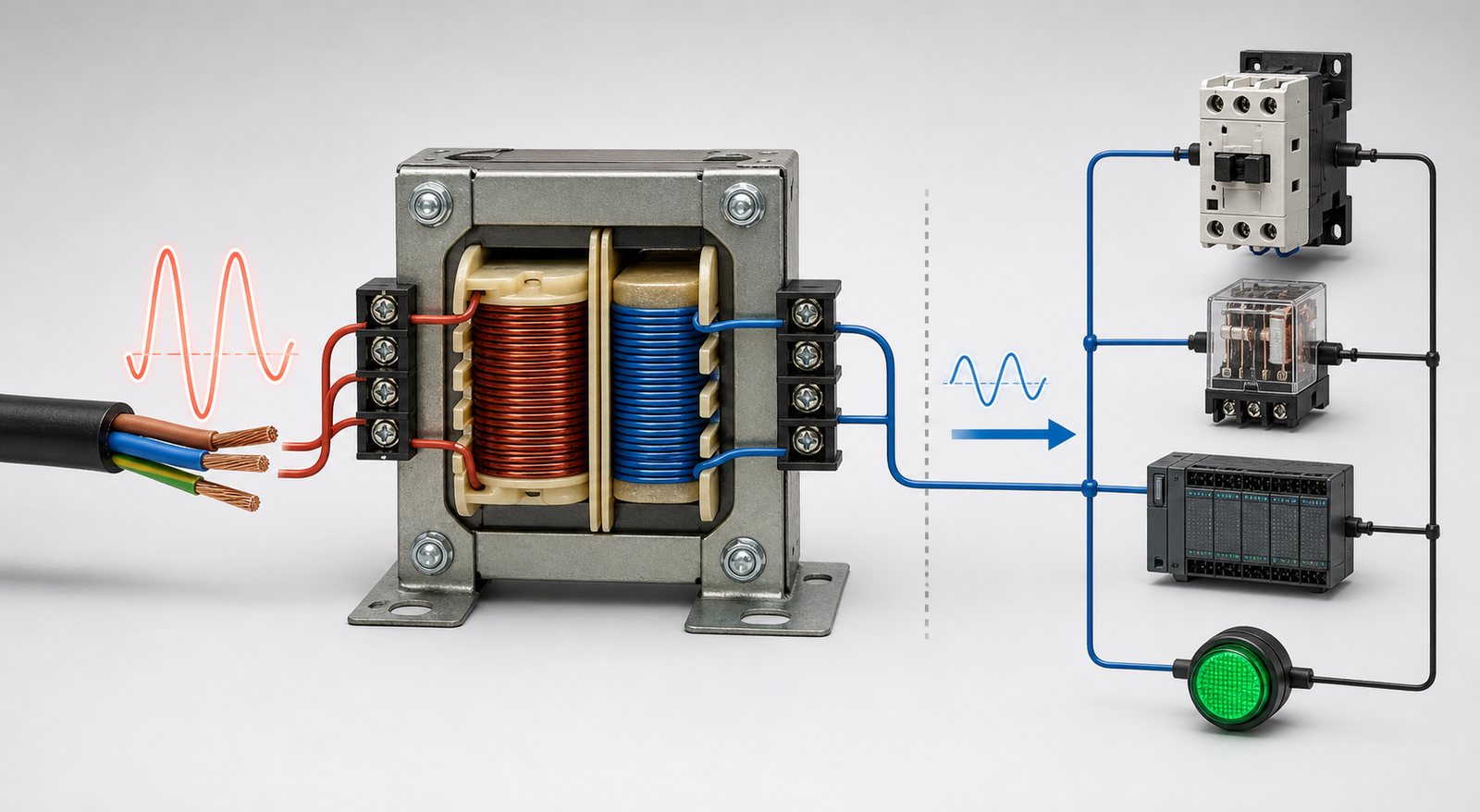 Control power transformer stepping down and isolating AC voltage for a contactor, relay, PLC, and indicator lamp