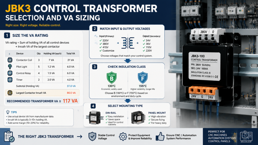 JBK3 control transformer selection factors: VA rating sizing, voltage matching, insulation class and mounting