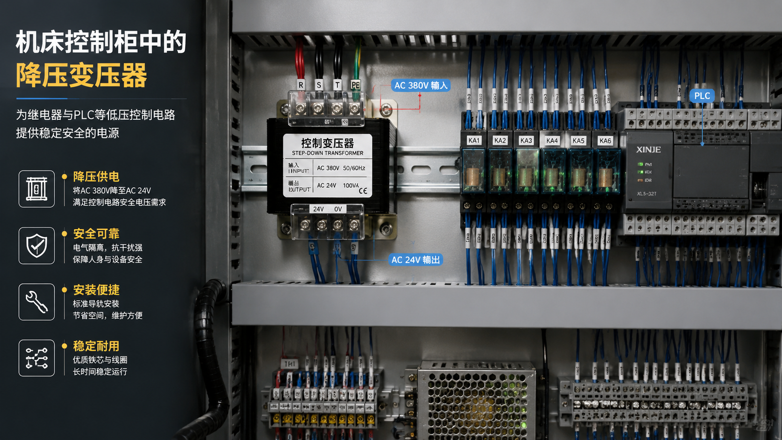 Machine tool step-down transformer mounted inside a CNC control cabinet supplying low voltage to relays and PLCs