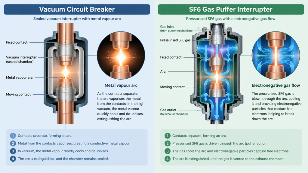 Side-by-side cutaway comparison of a vacuum circuit breaker interrupter and an SF6 gas puffer interrupter