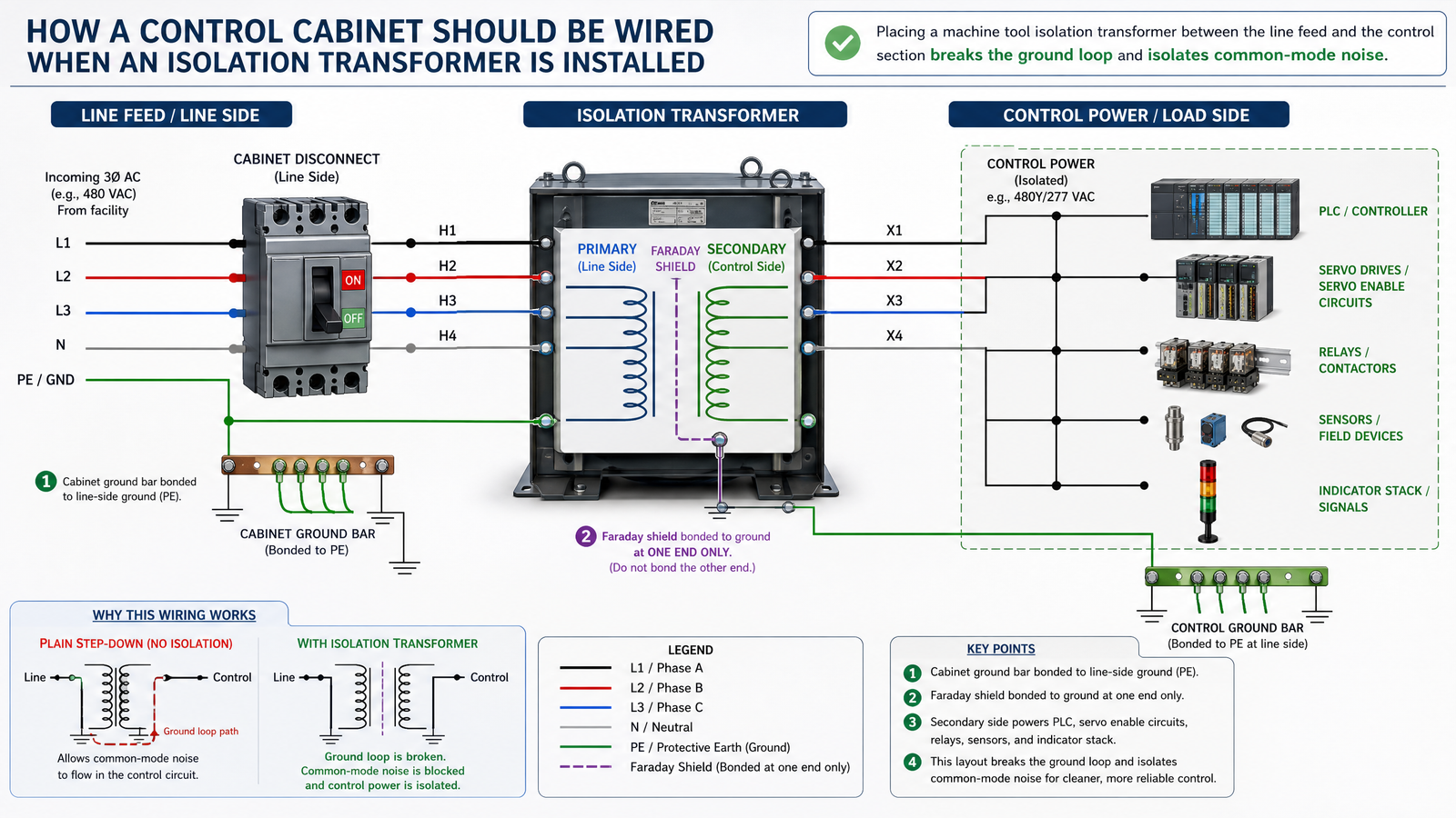 Control cabinet wiring showing a machine tool isolation transformer placed between the line feed and the PLC, with the faraday shield bonded to ground at one end only