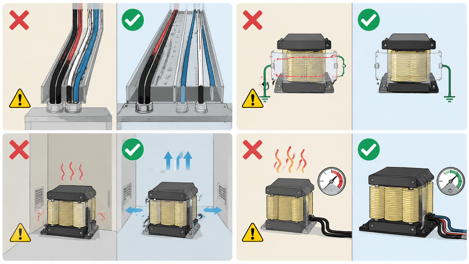 Four common installation mistakes for a machine tool isolation transformer: primary and secondary wiring in the same bundle, faraday shield grounded at both ends, blocked airflow clearance, and undersized VA rating