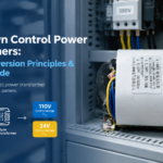 R-type step-down control power transformer converting 380V line voltage to 110V/24V control voltage in an industrial machine-tool electrical cabinet