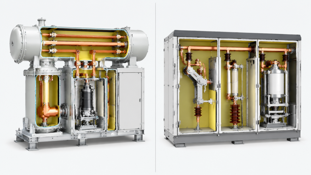 Cutaway comparison of SF6 gas-insulated switchgear and a ring main unit showing sealed gas tank, busbar and breaker compartments