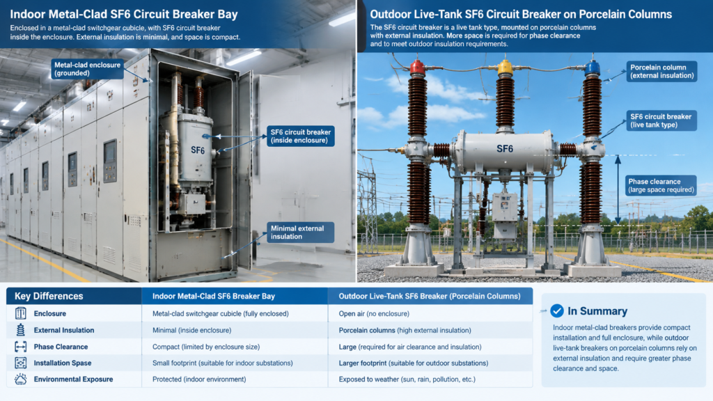 Comparison diagram of an indoor metal-clad SF6 circuit breaker bay beside an outdoor live-tank SF6 circuit breaker on porcelain columns