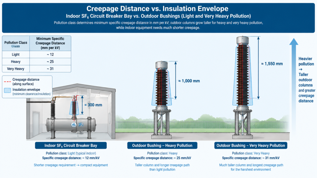 Diagram comparing creepage distance and insulation envelope for an indoor SF6 circuit breaker bay against outdoor bushings rated for light and very heavy pollution