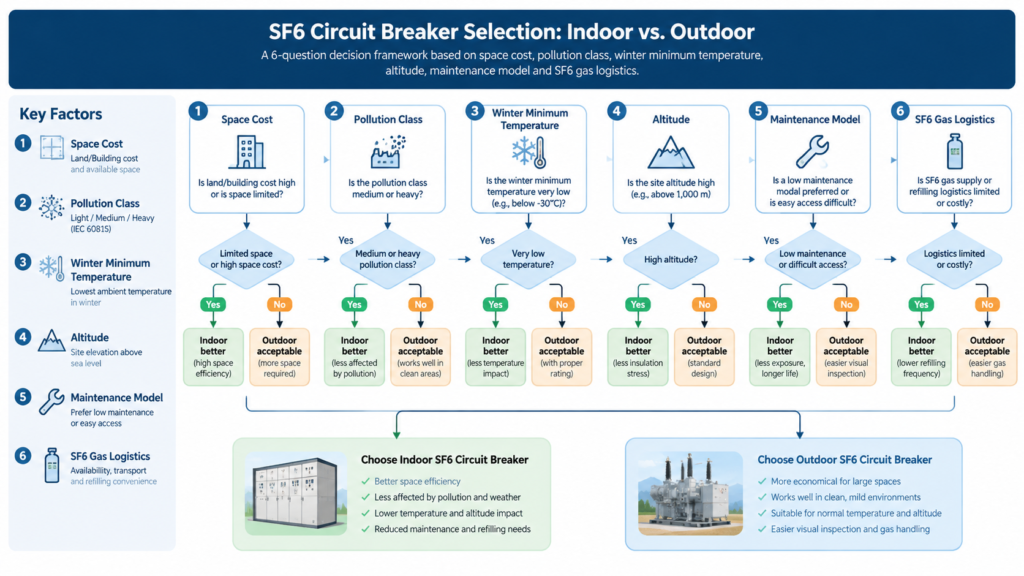 Decision flowchart for choosing between indoor and outdoor SF6 circuit breaker based on pollution class, ambient temperature, altitude and available space