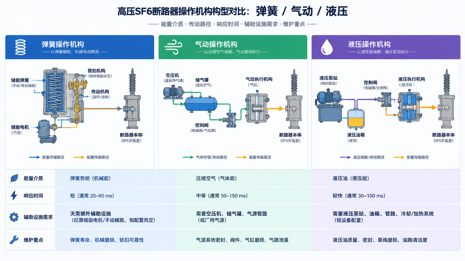 Side by side comparison diagram of spring, pneumatic and hydraulic operating mechanism architectures for high voltage SF6 circuit breakers showing energy storage and transmission paths