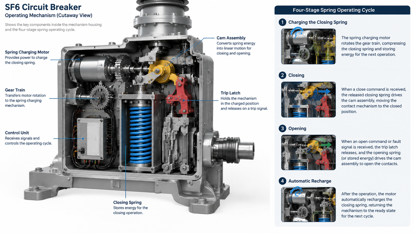 Cutaway illustration of an outdoor high voltage SF6 circuit breaker operating mechanism housing showing the spring charging motor, closing spring, cam assembly and trip latch