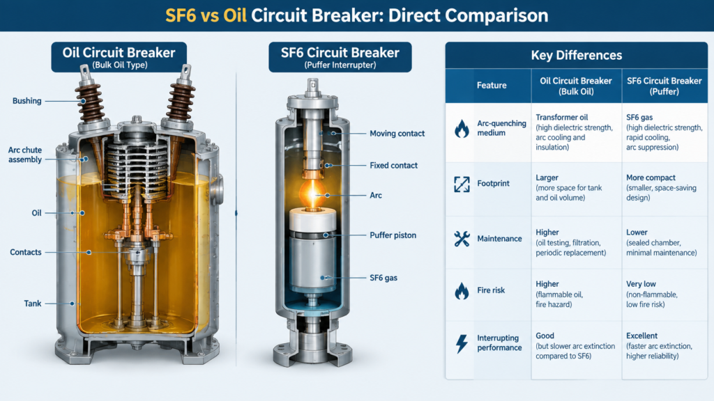 Cutaway comparison of a bulk oil circuit breaker tank with its oil and arc chute assembly next to a compact SF6 puffer interrupter chamber