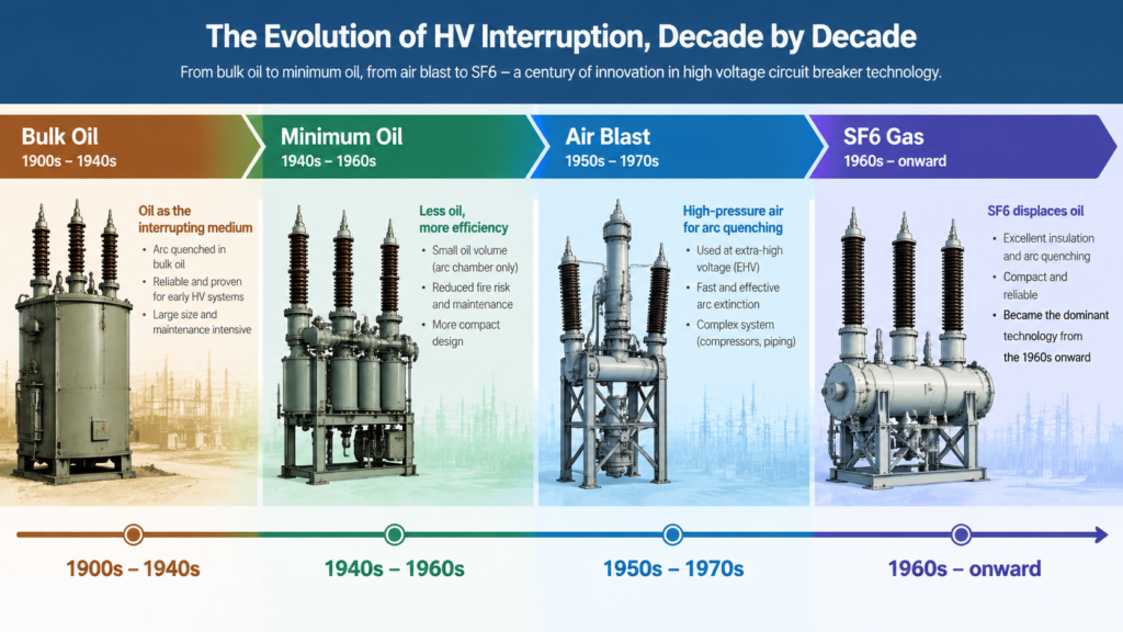 Timeline chart showing the evolution of high voltage circuit breaker interrupting media from bulk oil to minimum oil to air blast to SF6 gas