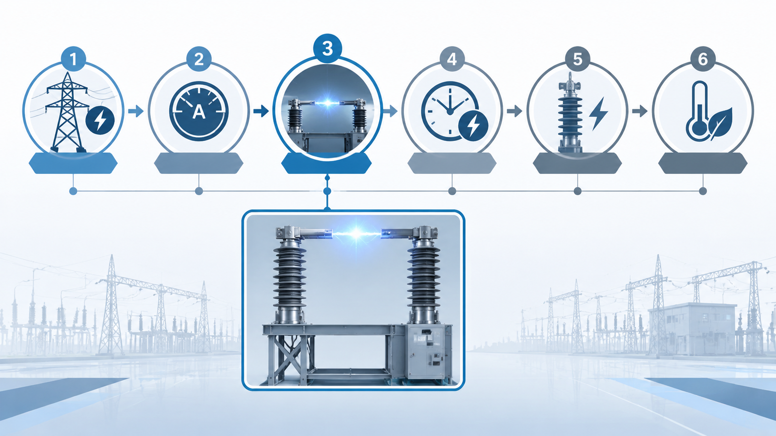 Flow diagram of the SF6 circuit breaker selection sequence, from system voltage through continuous current and breaking capacity to short-time withstand and insulation level