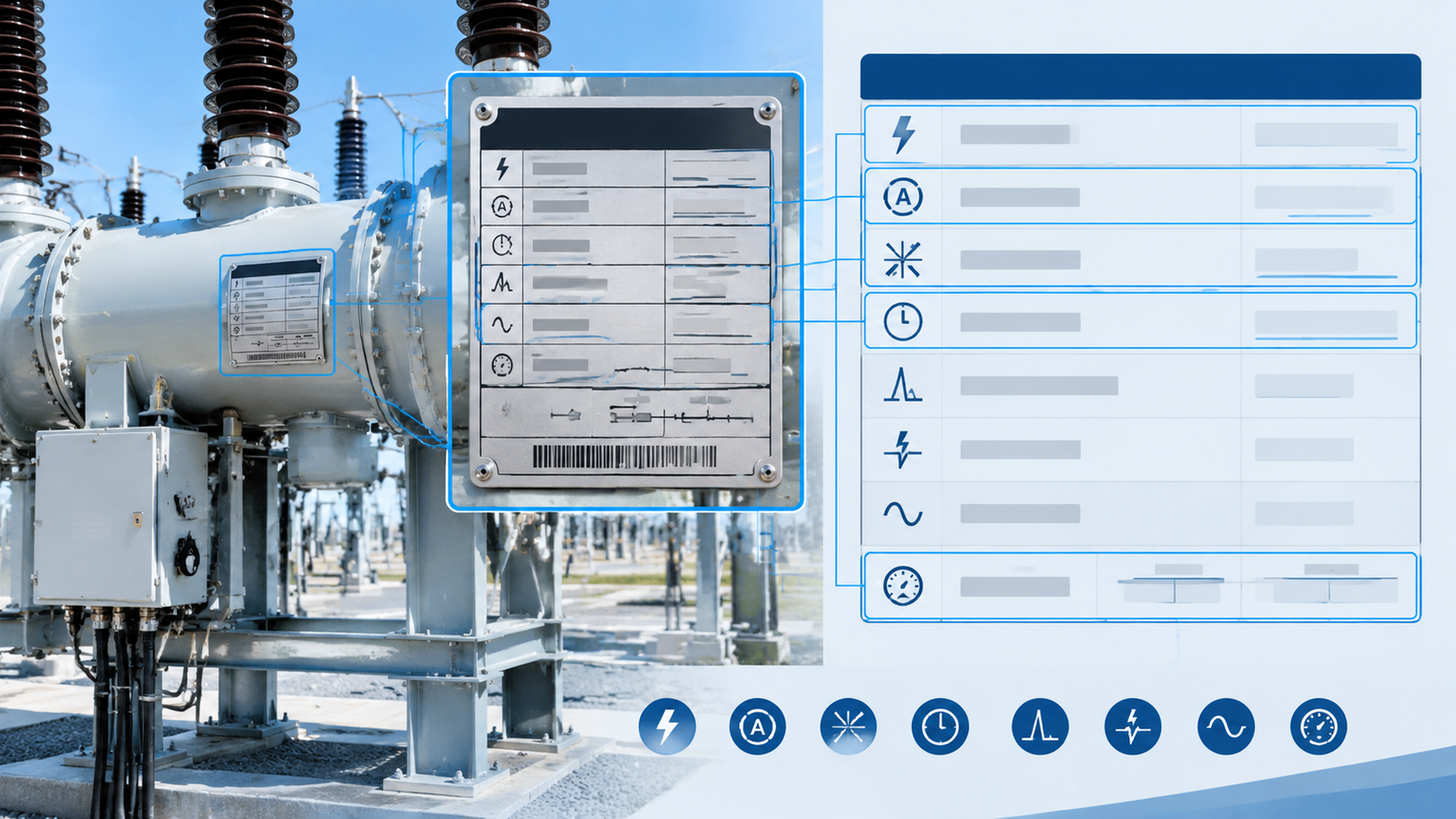 Annotated SF6 circuit breaker nameplate and specification sheet highlighting rated voltage, continuous current, breaking capacity, short-time withstand current and insulation level fields