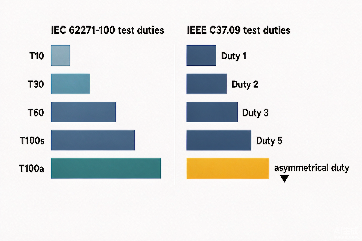 Comparison chart of IEC 62271-100 T10 to T100a test duties and IEEE C37.09 numbered test duties including the asymmetrical duty