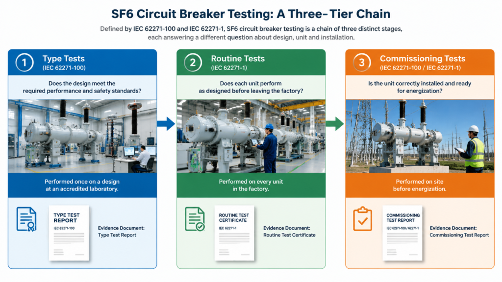 Diagram of the three-tier SF6 circuit breaker test chain showing type tests at the design stage, routine tests at the factory, and commissioning tests on site