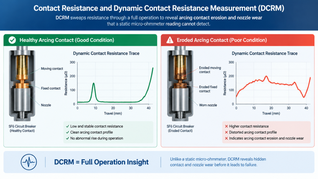 Comparison of two dynamic contact resistance traces for an SF6 circuit breaker, one from a healthy arcing contact and one from an eroded contact with a distorted resistance-travel curve