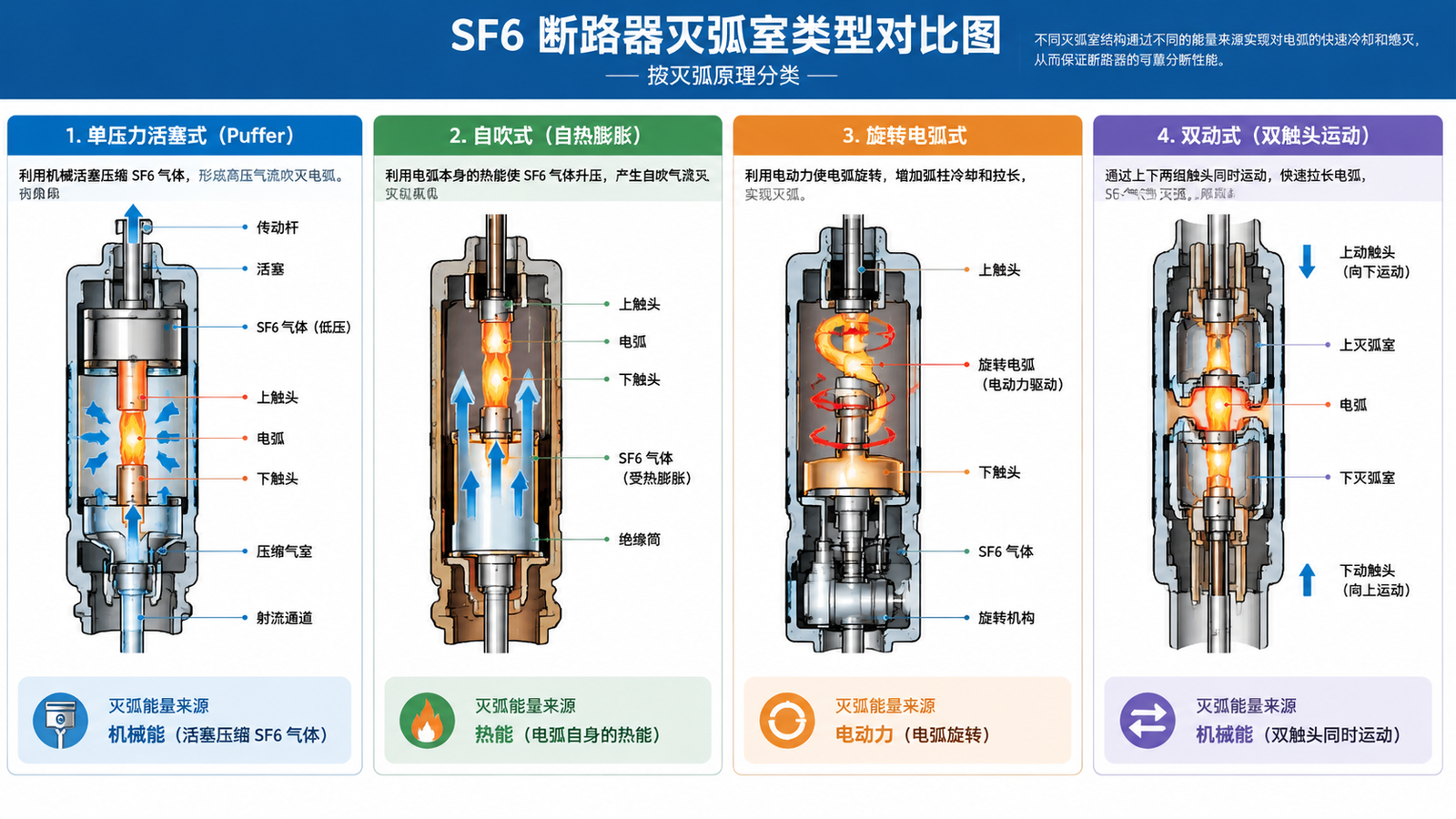 Comparison diagram of SF6 circuit breaker types, showing puffer, self-blast, rotating arc and double-motion interrupters side by side with their arc-quenching energy sources
