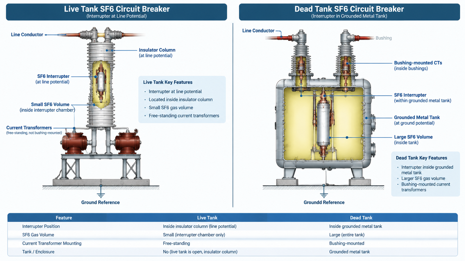 Side-by-side cross-section illustration comparing a live tank SF6 circuit breaker with a dead tank SF6 circuit breaker, showing interrupter position, gas volume and current transformer mounting