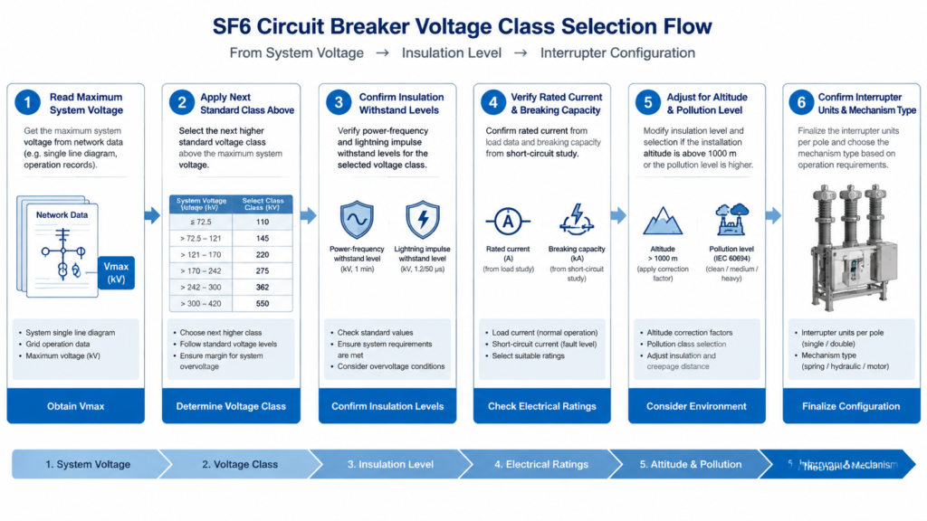 Decision flow diagram for selecting an SF6 circuit breaker voltage class from system voltage through insulation level to interrupter configuration