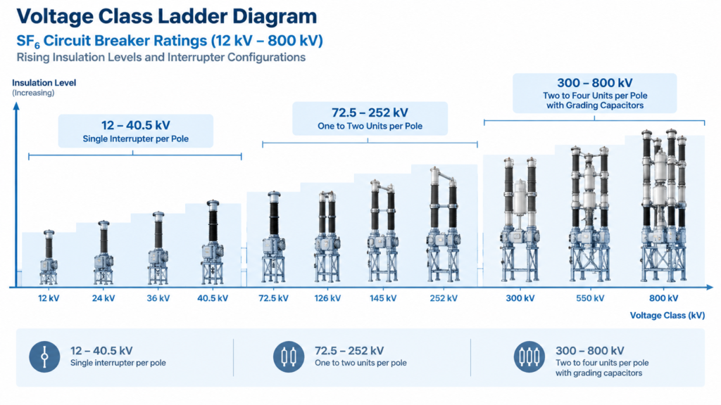 Voltage class ladder diagram showing SF6 circuit breaker ratings from 12 kV to 800 kV with rising insulation levels and interrupter configurations