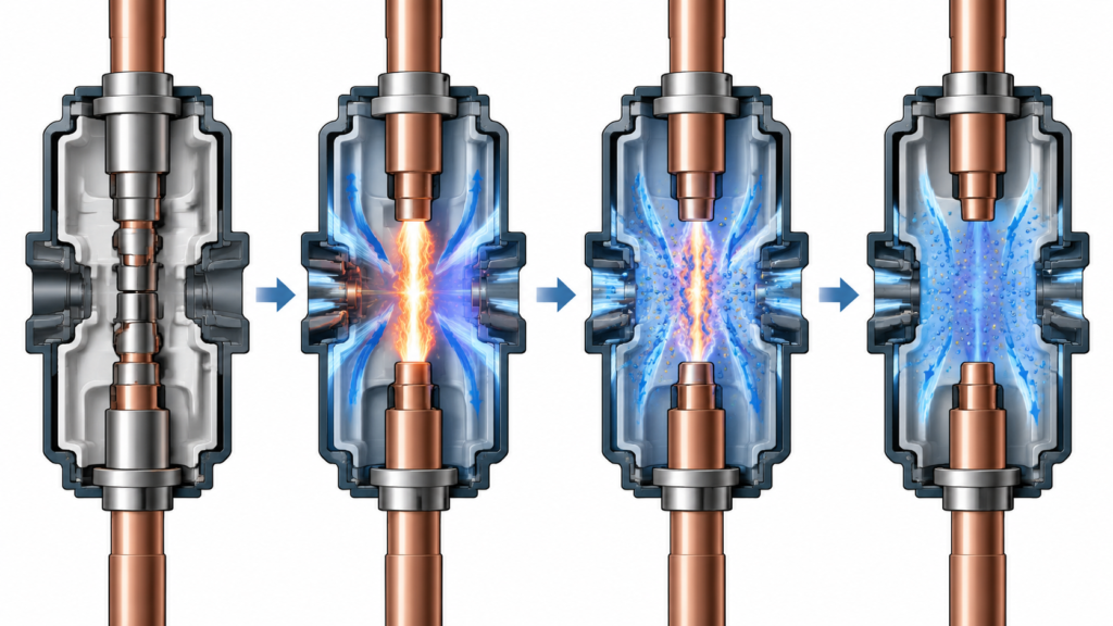 Working principle diagram of SF6 arc quenching showing contact separation, the electric arc, and the SF6 gas flow absorbing free electrons until the arc is extinguished at current zero