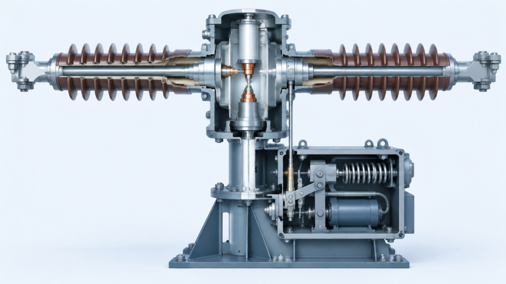 Cross-section construction diagram of a live tank SF6 circuit breaker showing the porcelain insulator column, sealed interrupter chamber, fixed and moving contacts, and the operating mechanism housing
